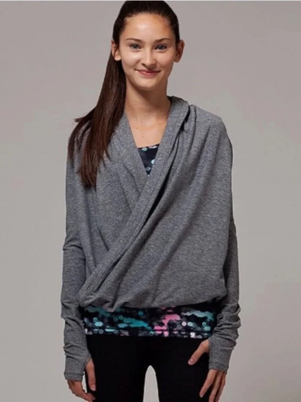 Lululemon Ivivva Girl's Gray Wrap Sweater.  Spacedye Stripe.  Size M/L.
